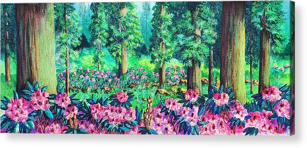 Redwoods Acrylic Print featuring the painting Redwoods and rhododendrons by Diane Phalen