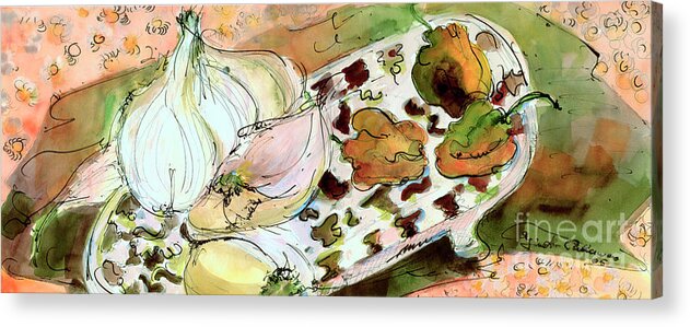 Food Art Acrylic Print featuring the painting Still Life Garlic Peppers Watercolor Art by Ginette Callaway