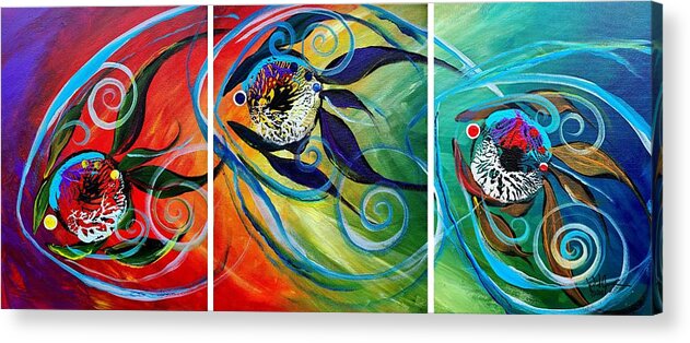 Fish Acrylic Print featuring the painting Teal Wake,Three on a Take by J Vincent Scarpace