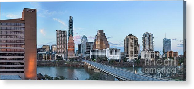 Austin Sunset Skyline Acrylic Print featuring the photograph Austin Sunset Skyline Panorama - Color Texas Canvas Print by Bee Creek Photography - Tod and Cynthia