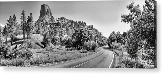 Black And White Acrylic Print featuring the photograph Devils Tower Road Panorama - Black And White by Adam Jewell