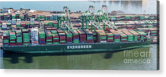 Evergreen Acrylic Print featuring the photograph Evergreen Freight Ship and Cargo in Port of Oakland, California #1 by David Oppenheimer