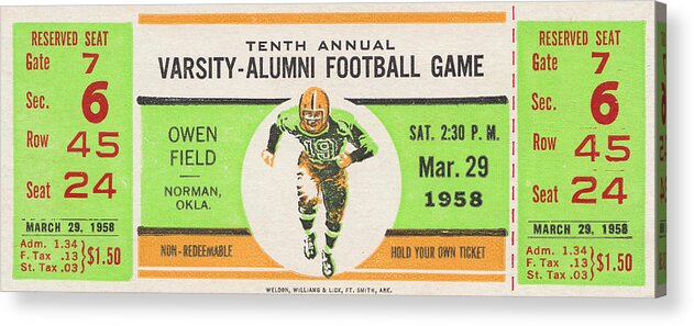 Ticket Acrylic Print featuring the mixed media 1958 Oklahoma Varsity-Alumni by Row One Brand
