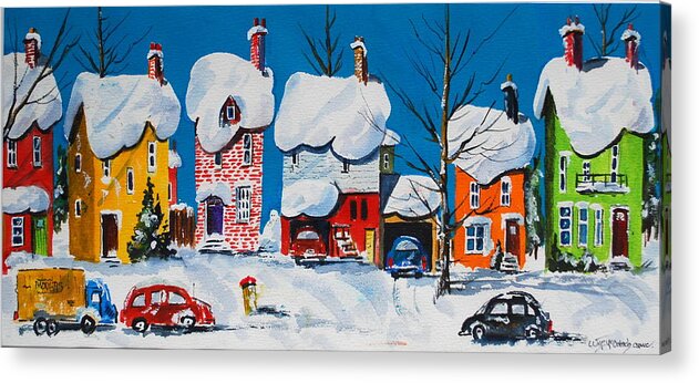 Street Houses City Whimsey Snow Acrylic Print featuring the painting Pretty Maids All In Aow by Wilfred McOstrich