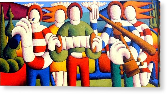 Landscape Acrylic Print featuring the painting Trad session with troupies by Alan Kenny