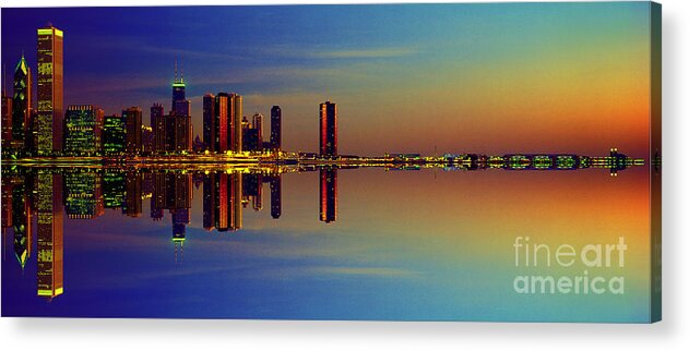 Between Acrylic Print featuring the photograph Between Night and Day chicago skyline mirrored by Tom Jelen