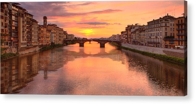 Florence Italy Architecture Bridge Fine Art Photo Acrylic Print featuring the photograph Sunset Reflections in Florence Italy by Bob Coates