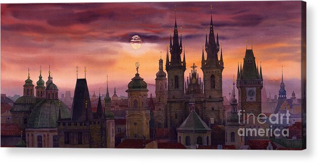 Cityscape Acrylic Print featuring the painting Prague City of hundres spiers by Yuriy Shevchuk