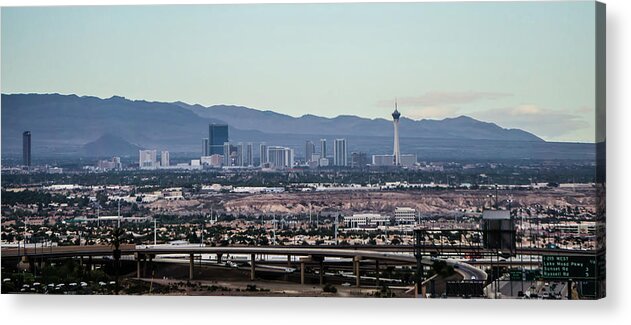 Strip Acrylic Print featuring the photograph Las vegas city surrounded by red rock mountains and valley of fi #6 by Alex Grichenko