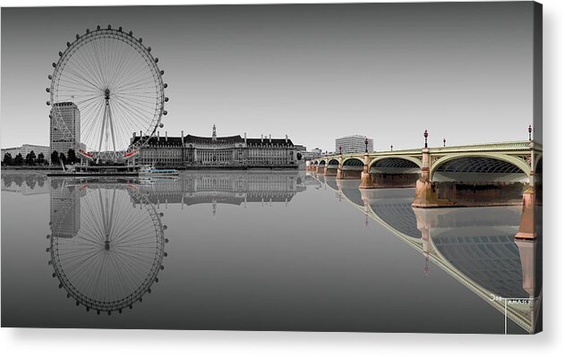 London Eye Westminster Bridge Reflection Black And White Acrylic Print featuring the digital art London Eye Westminster Bridge Reflection Black and White by Joe Tamassy