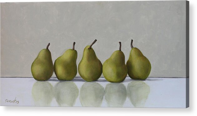 Pears Acrylic Print featuring the painting Five Pears by Linda Tenukas