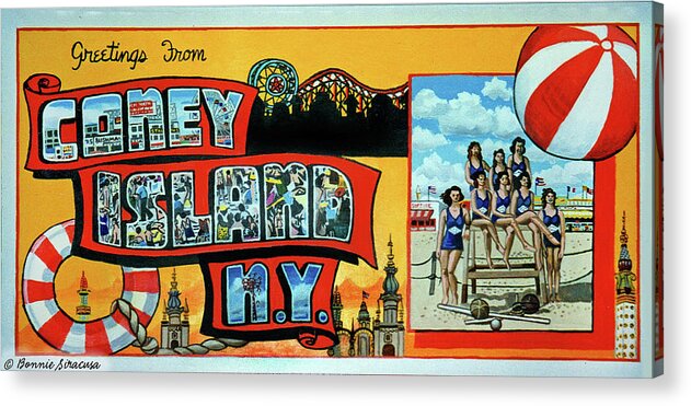Coney Island Acrylic Print featuring the painting Greetings From Coney Island N.Y. Towel Version too by Bonnie Siracusa