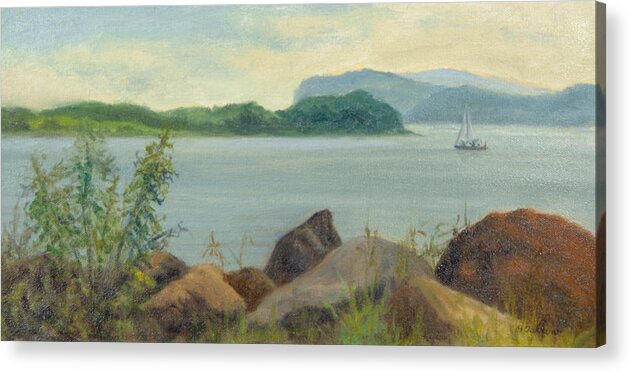 Oil Landscape Acrylic Print featuring the painting Sailboat Near Croton Landing by Phyllis Tarlow