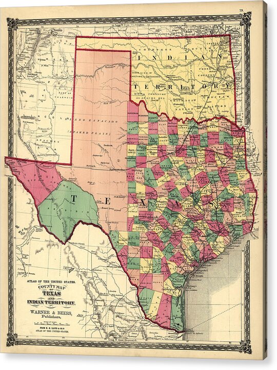 Texas Acrylic Print featuring the digital art Texas and Indian Territory 1875 by Texas Map Store