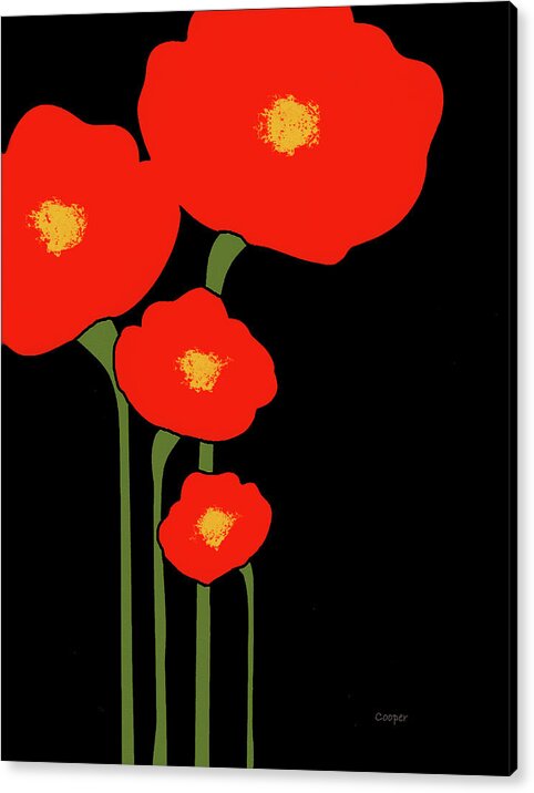 Four Red Flowers On Black Stark Red Black Simple Peggy Cooper Cooperhouse Interior Decor Bright  Acrylic Print featuring the digital art Four Red Flowers on Black by Peggy Cooper-Hendon