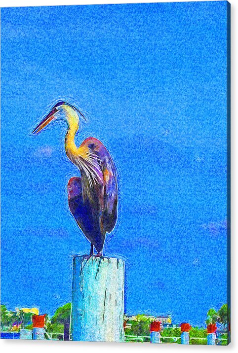 Fishermen's Village Acrylic Print featuring the digital art Great Blue Heron on Pier Left by Island Hoppers Art