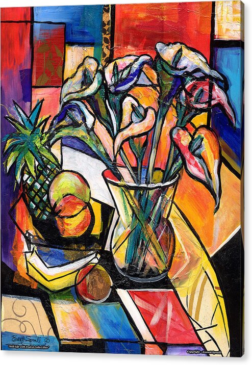 Everett Spruill Acrylic Print featuring the painting Still Life with Fruit and Calla Lilies by Everett Spruill