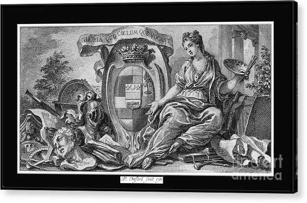 Vignette With Shield Of Arms Acrylic Print featuring the painting Vignette With Shield of Arms and an Allegory for the Arts by Engraver Pierre Philippe Choffard by Rolando Burbon