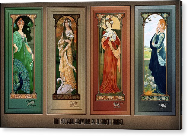 Peacock Acrylic Print featuring the painting Elisabeth Sonrel Art Nouveau Maiden Bird Series by Rolando Burbon