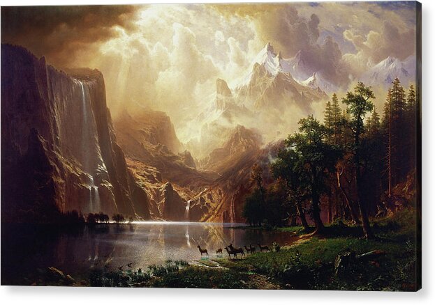 Among The Sierra Nevada Acrylic Print featuring the painting Among the Sierra Nevada, California by Albert Bierstadt by Rolando Burbon
