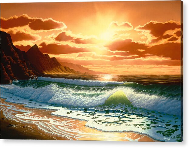 Sea Acrylic Print featuring the painting Hawaiian Sunset by Del Malonee