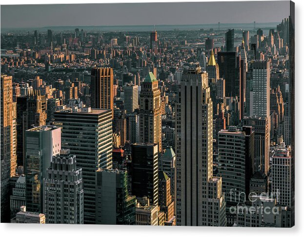 Landscape Acrylic Print featuring the photograph Skyscrapers lit at sunset by Franz Zarda
