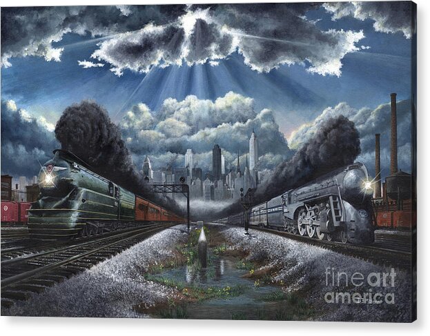 Trains Acrylic Print featuring the painting The Race by David Mittner