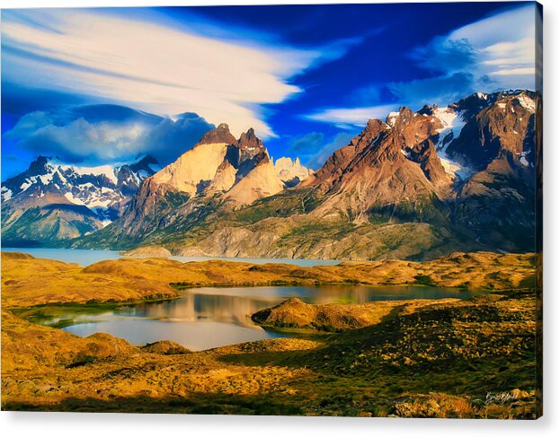 Lenticular Cloud Acrylic Print featuring the photograph Cuernos del Pain and Almirante Nieto in Patagonia by Bruce Block
