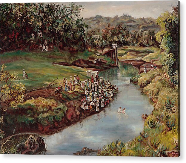 People Being Baptised Acrylic Print featuring the painting By The River by Ewan McAnuff