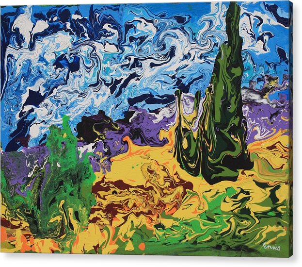Kaleidoscape Acrylic Print featuring the painting Cypress with Wheat Field after Van Gogh by Art Enrico
