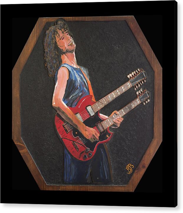 Wood Work Acrylic Print featuring the painting Jimmy Page and his Double Neck Guitar by Bruce Schmalfuss