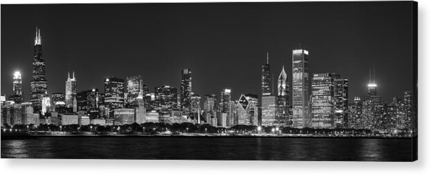 3scape Acrylic Print featuring the photograph Chicago Skyline at Night Black and White Panoramic #1 by Adam Romanowicz