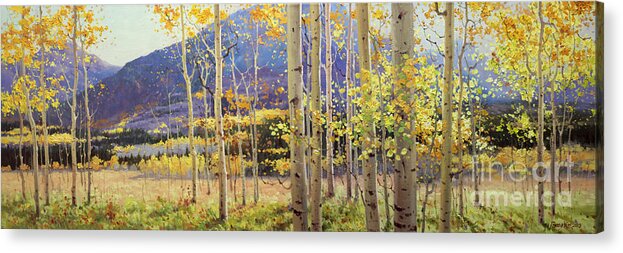 Oil Canvas Prints Contemporary Original Aspen Tree Landscape Painting Giclee Fine Art Print Paper Santa Fe Famous Architecture Magical Rocky Mountains Fine Art Prints Gary Kim New Mexico Framed Acrylic Metal Phone Cases Iphone Galaxy Greeting Cards Posters Originals Fall Aspen Panorama Aspen Grove Panorama Colors Sunset Panoramic Vistas Valley Fall Hiking Trails Colorado Forest Autumn Foliage Trunks National Forest Small Birch Trees Panorama Oil Painting Photo Sunset Fields Flowers Scene Metal Acrylic Print featuring the painting Panorama view of Aspen Trees by Gary Kim