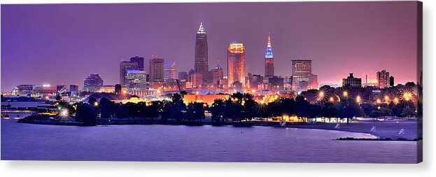 Cleveland Skyline Acrylic Print featuring the photograph Cleveland Skyline at Night Evening Panorama by Jon Holiday