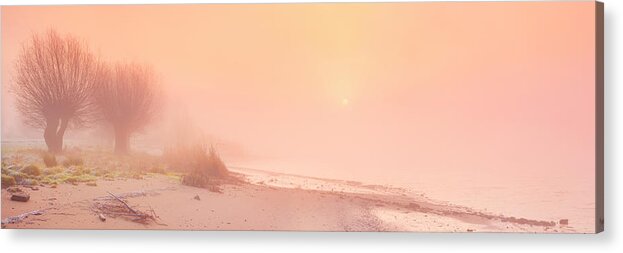 Water's Edge Acrylic Print featuring the photograph Foggy Sunrise Along A River, River Lek by Sara winter