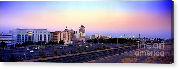 Fresno Skyline Acrylic Print featuring the photograph Fresno Skyline into the Evening by Wernher Krutein