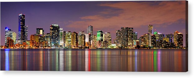 Miami Acrylic Print featuring the photograph Miami Skyline at Dusk Sunset Panorama by Jon Holiday