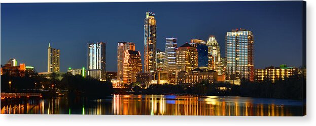 Austin Skyline Acrylic Print featuring the photograph Austin Skyline at Night Color Panorama Texas by Jon Holiday