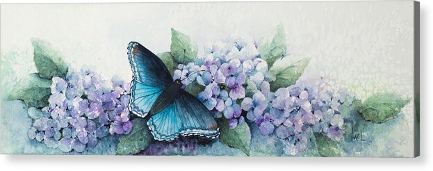 Hydrangea Acrylic Print featuring the painting Butterfly on the Hydrangea by Lael Rutherford