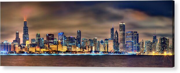 Chicago Acrylic Print featuring the photograph Chicago Skyline at NIGHT Panorama Color 1 to 3 Ratio by Jon Holiday