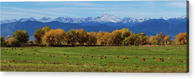Farms Acrylic Print featuring the photograph Colorado Rocky Mountain Autumn Hay Harvest Panorama by James BO Insogna