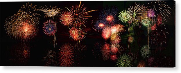 Fireworks Acrylic Print featuring the digital art Fireworks Reflection In Water Panorama by OLena Art