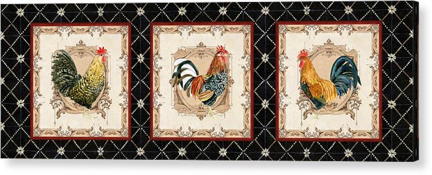 Etched Acrylic Print featuring the painting French Country Vintage Style Roosters - Triplet by Audrey Jeanne Roberts