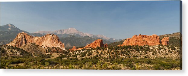 Garden Of The Gods Park Colorado Springs Pikes Peak Kissing Camels Landscape Panoramic Acrylic Print featuring the photograph Garden Of The Gods by Brian Harig