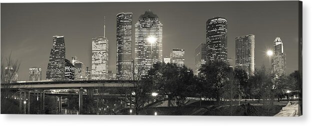 Houston Skyline Acrylic Print featuring the photograph Houston Skyline at Dusk in Sepia - Panoramic Cityscape by Gregory Ballos