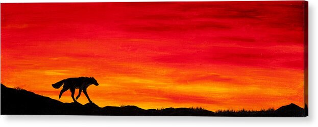 Wolf Canine Dog Fox Coyote Sunset Sundown Dusk Home Silhouette Red Sky Clouds Acrylic Print featuring the painting Journey Home by Beth Davies