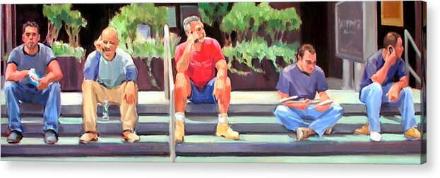 Figurative Acrylic Print featuring the painting Lunch Break - Men at Work Series by Merle Keller