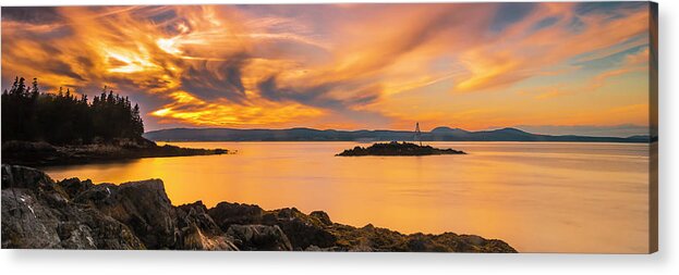 Maine Acrylic Print featuring the photograph Maine Rocky Coastal Sunset in Penobscot Bay Panorama by Ranjay Mitra