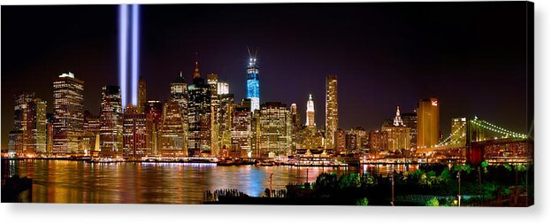 New York City Skyline At Night Acrylic Print featuring the photograph New York City Tribute in Lights and Lower Manhattan at Night NYC by Jon Holiday