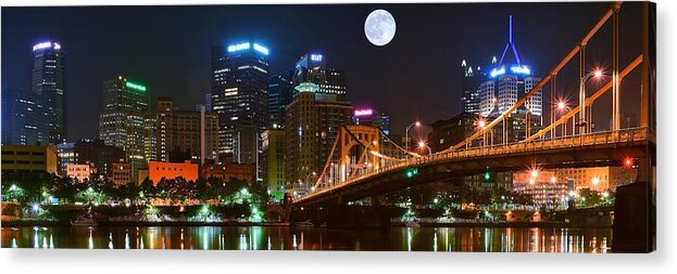 Pittsburgh Acrylic Print featuring the photograph Pittsburgh Full Moon Panoramic by Frozen in Time Fine Art Photography